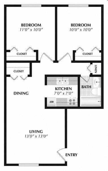 Floor plan for 2 beds, 1 bath, 720 sqft